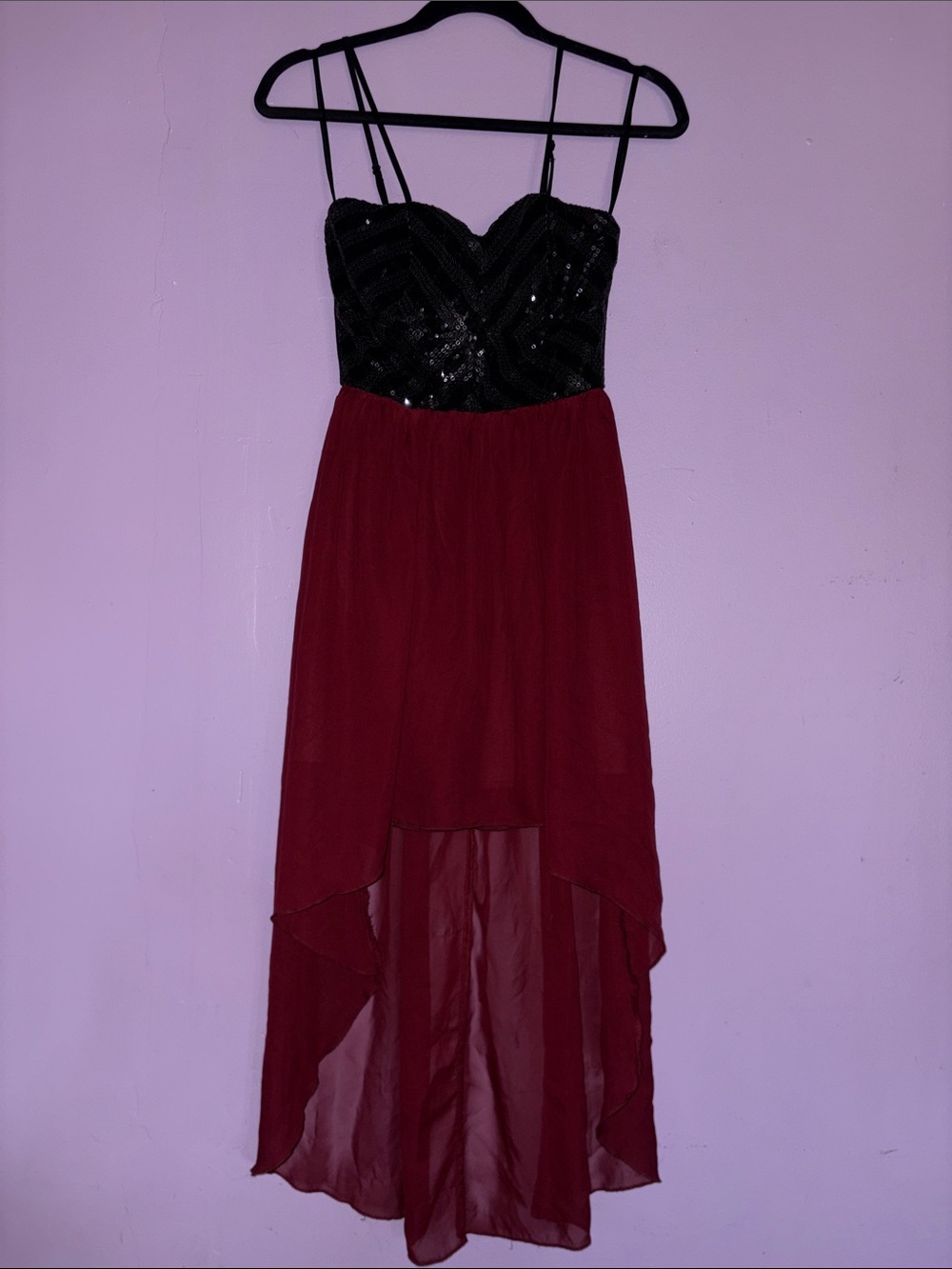 Black Sequin & Burgundy High-Low Evening Dress